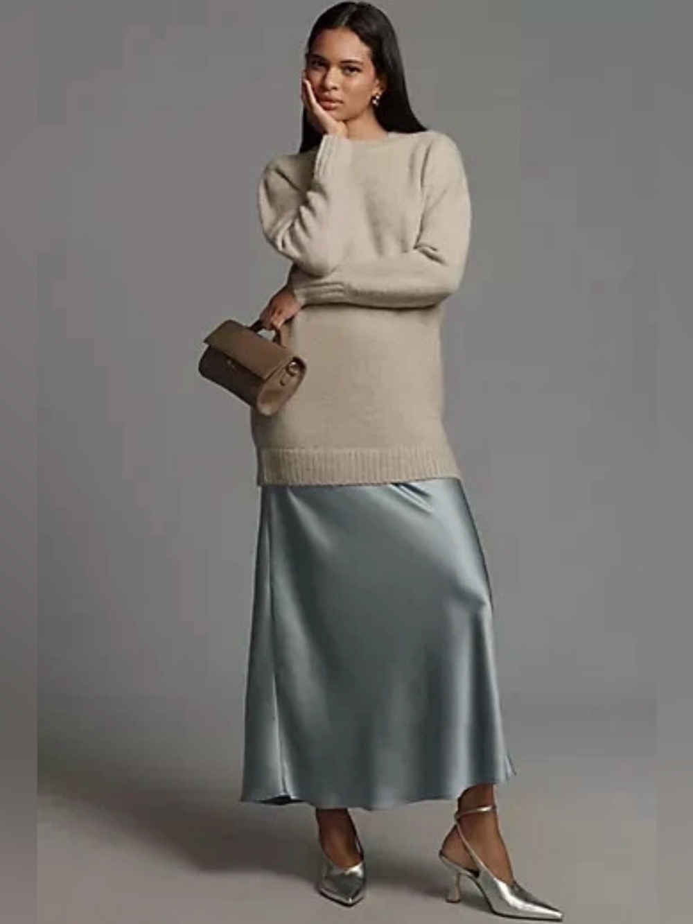 Anthropologie Twofer Light Gray Knit Sweater with Slate Blue Slip Maxi Dress XSP